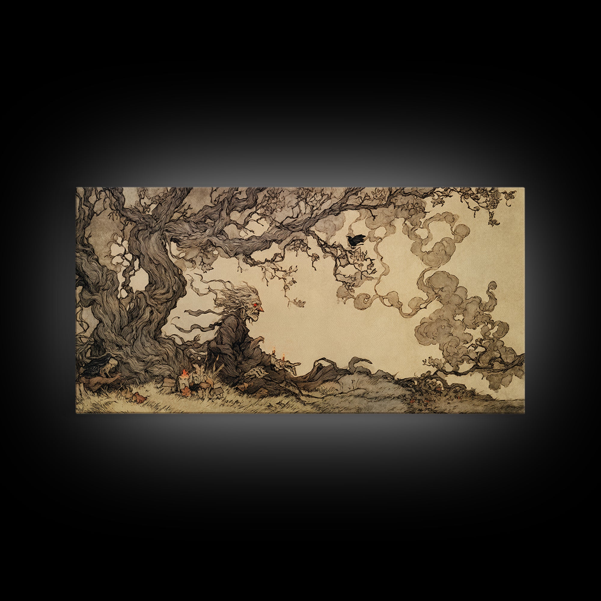 The Red-Eyed Night Hag, Gothic Storybook Art, Wide Panoramic Art, Macabre Wall Art, Canvas Print, Halloween Wall Art