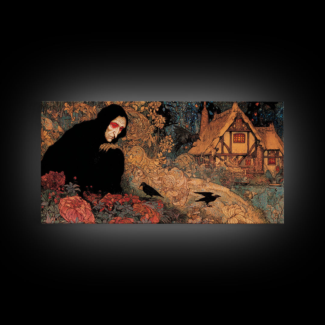 The Red-Eyed Night Hag, Stained Glass Gothic Art, Wide Panoramic Art, Dark Fantasy Wall Art, Canvas Print, Halloween Wall Art
