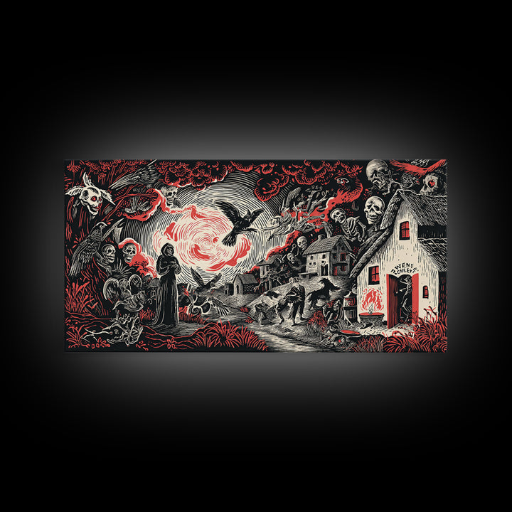 The Red-Eyed Night Hag, Macabre Folk Print Art, Wide Panoramic Art, Gothic Horror Wall Art, Canvas Print, Halloween Wall Art
