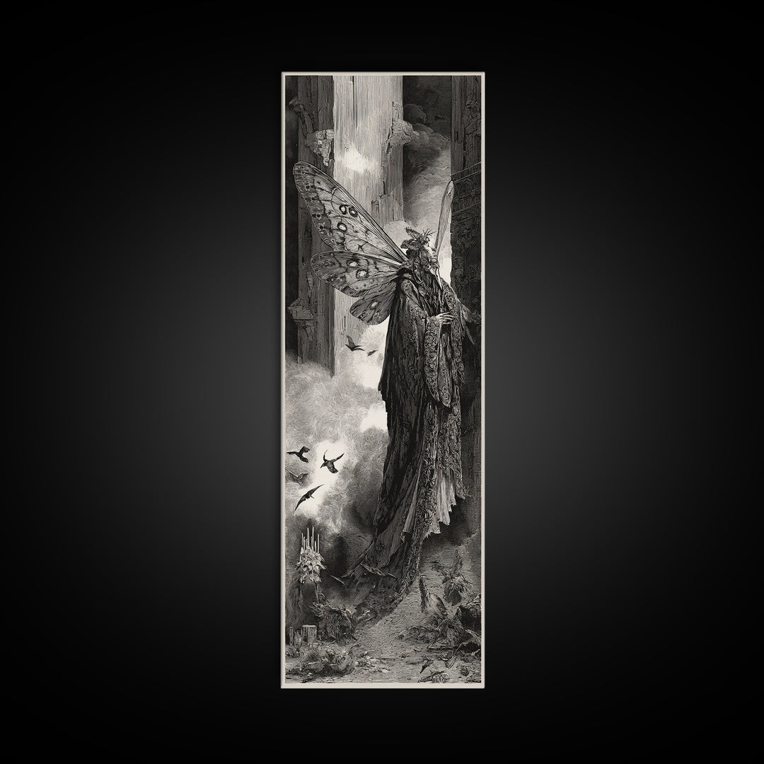 The Velvet Moth Witch, Gothic Engraving Art, Tall Narrow Wall Art, Gothic Horror Wall Art, Canvas Print, Halloween Wall Art