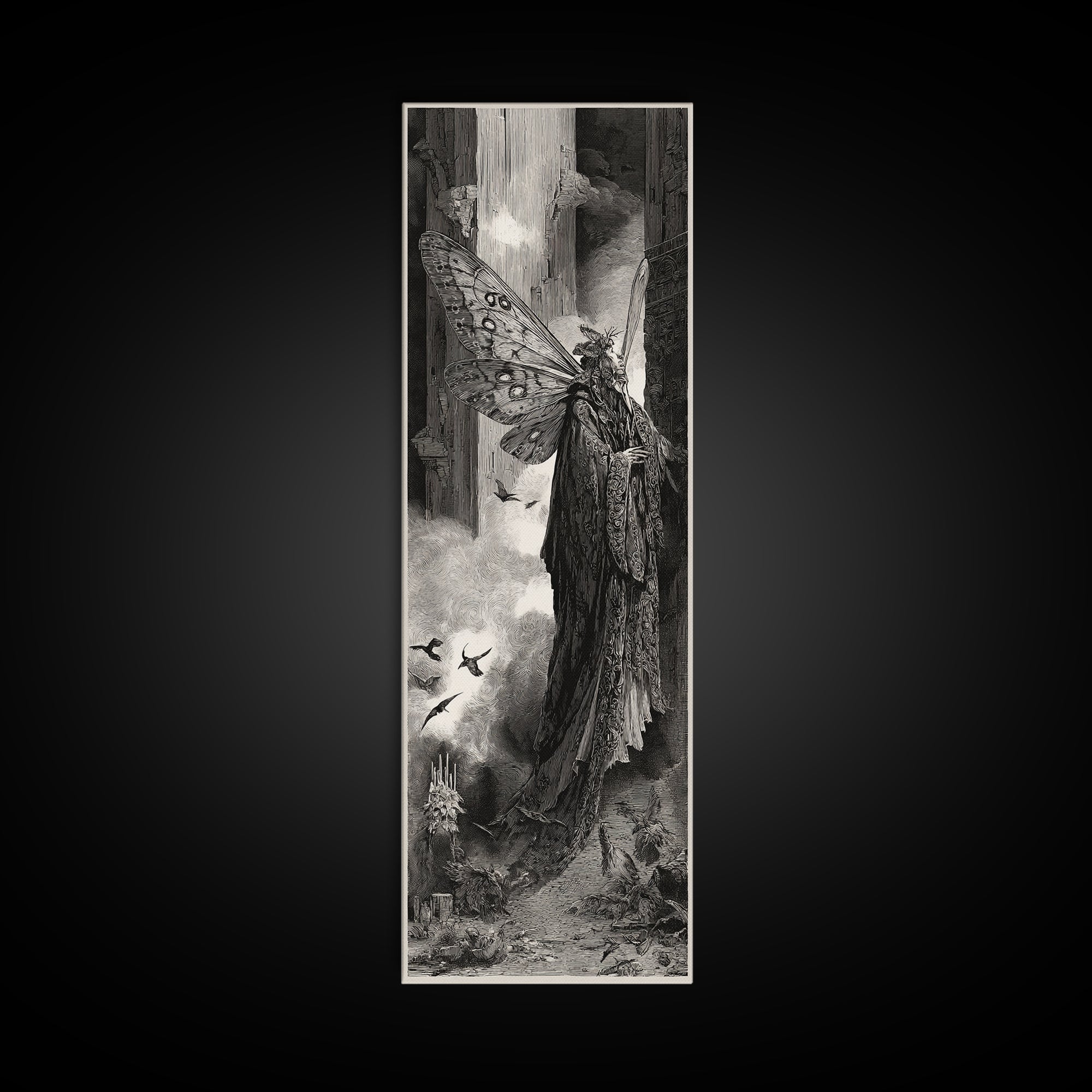 The Velvet Moth Witch, Gothic Engraving Art, Tall Narrow Wall Art, Gothic Horror Wall Art, Canvas Print, Halloween Wall Art