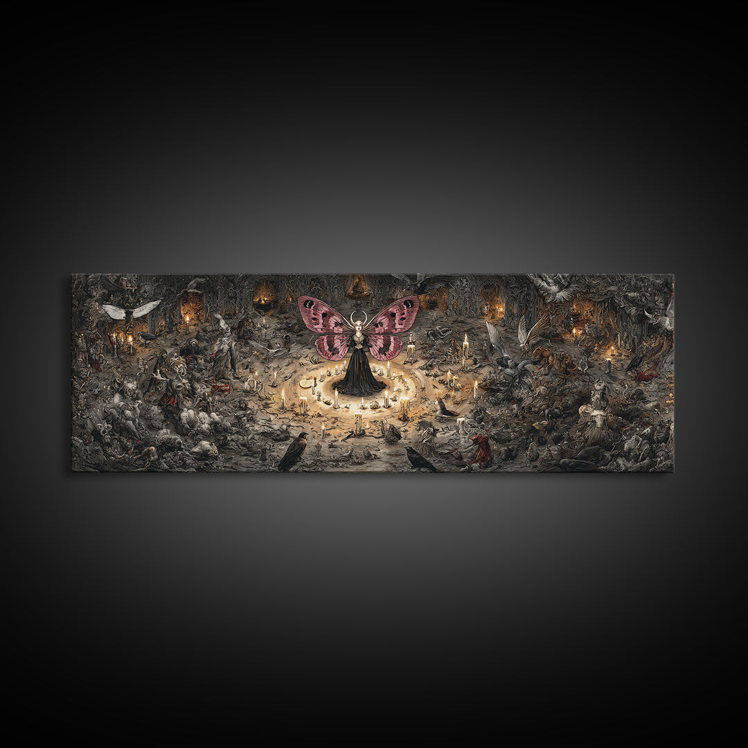 The Velvet Moth Witch, Medieval Grotesque Art, Extra Wide Wall Art, Dark Halloween Decor, Canvas Print, Halloween Wall Art