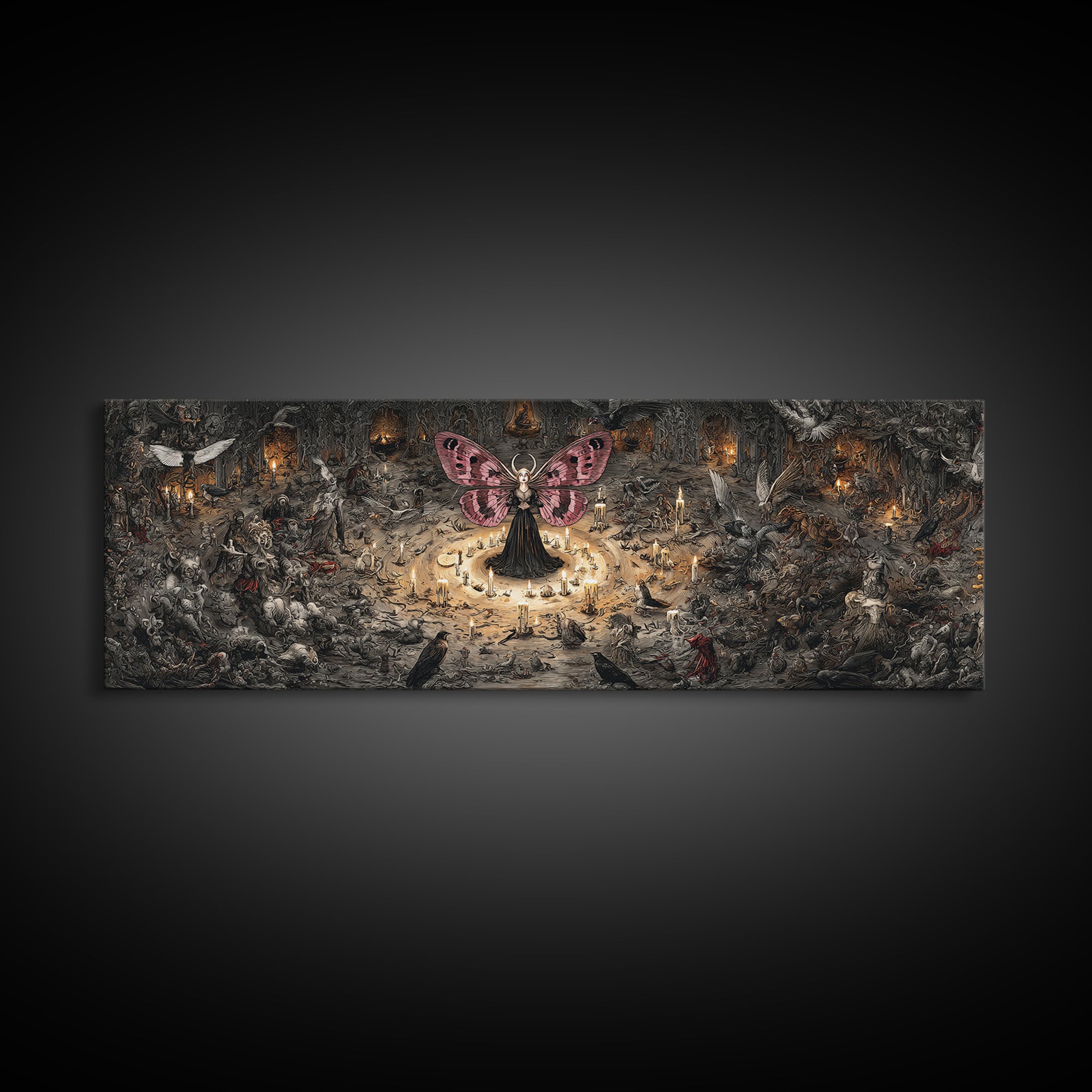 The Velvet Moth Witch, Medieval Grotesque Art, Extra Wide Wall Art, Dark Halloween Decor, Canvas Print, Halloween Wall Art