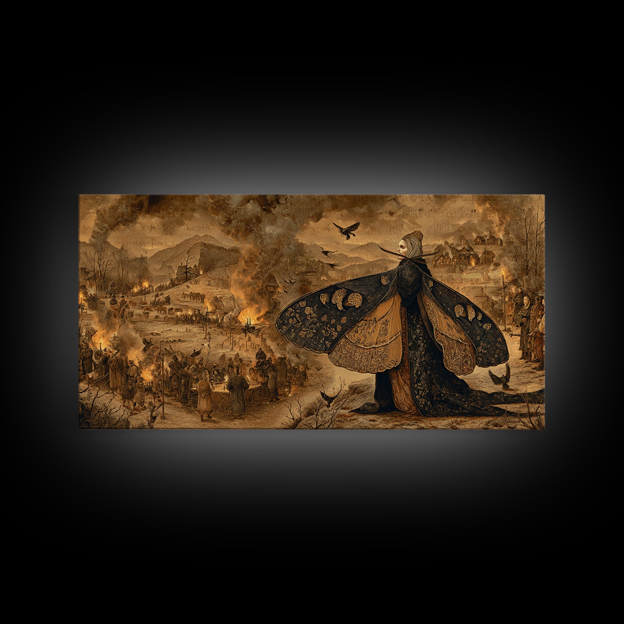 The Velvet Moth Witch, Northern Renaissance Horror, Wide Panoramic Art, Gothic Horror Wall Art, Framed Canvas Print