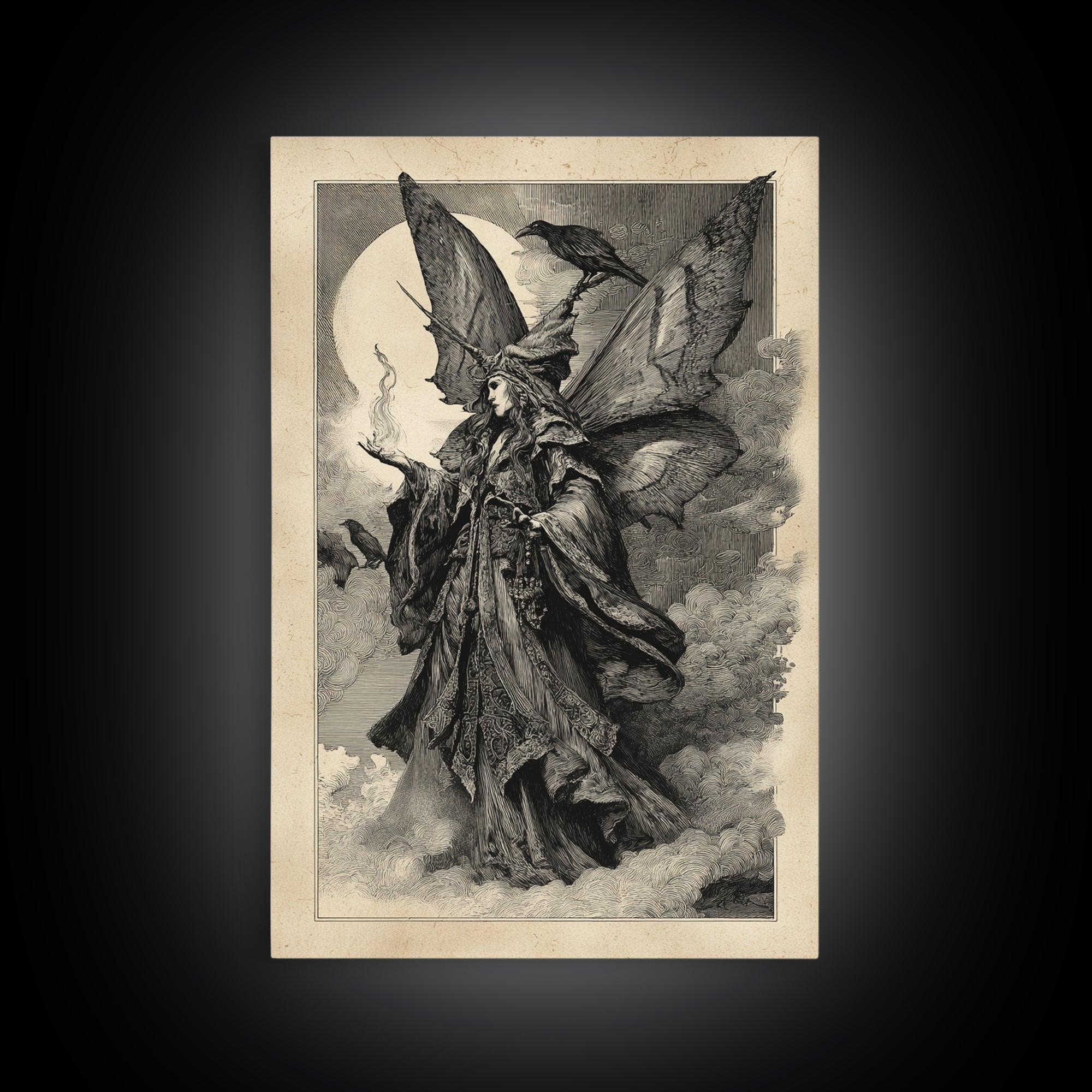 The Velvet Moth Witch, Renaissance Engraving Art, Vertical Wall Art, Gothic Horror Wall Art, Framed Canvas Print, Halloween Wall Art