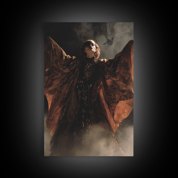 The Velvet Moth Witch, Visionary Gothic Art, Vertical Wall Art, Dark Halloween Decor, Canvas Print, Halloween Wall Art