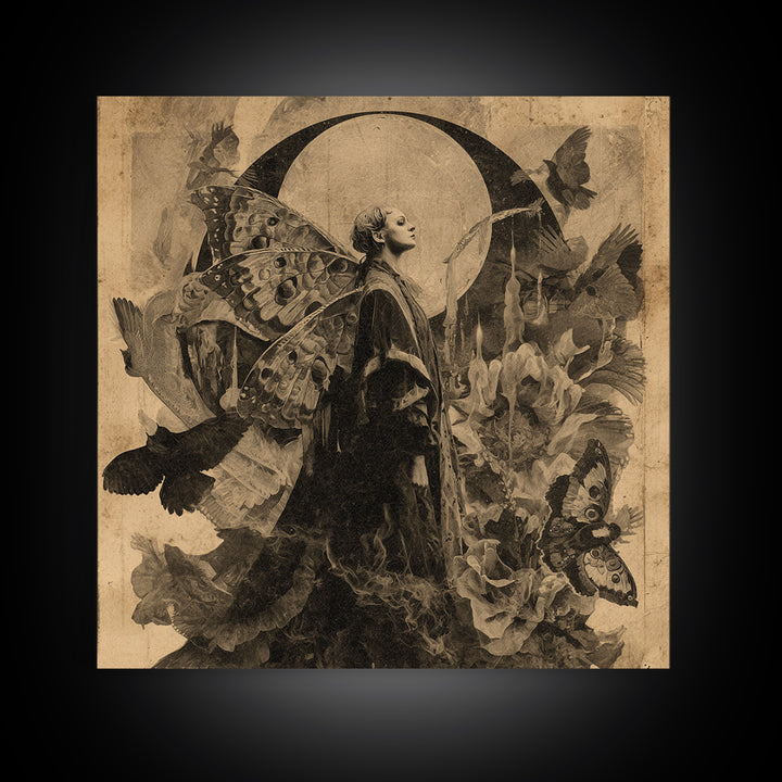 The Velvet Moth Witch, Symbolist Dream Art, Square Wall Art, Dark Fantasy Wall Art, Framed Canvas Print, Halloween Wall Art