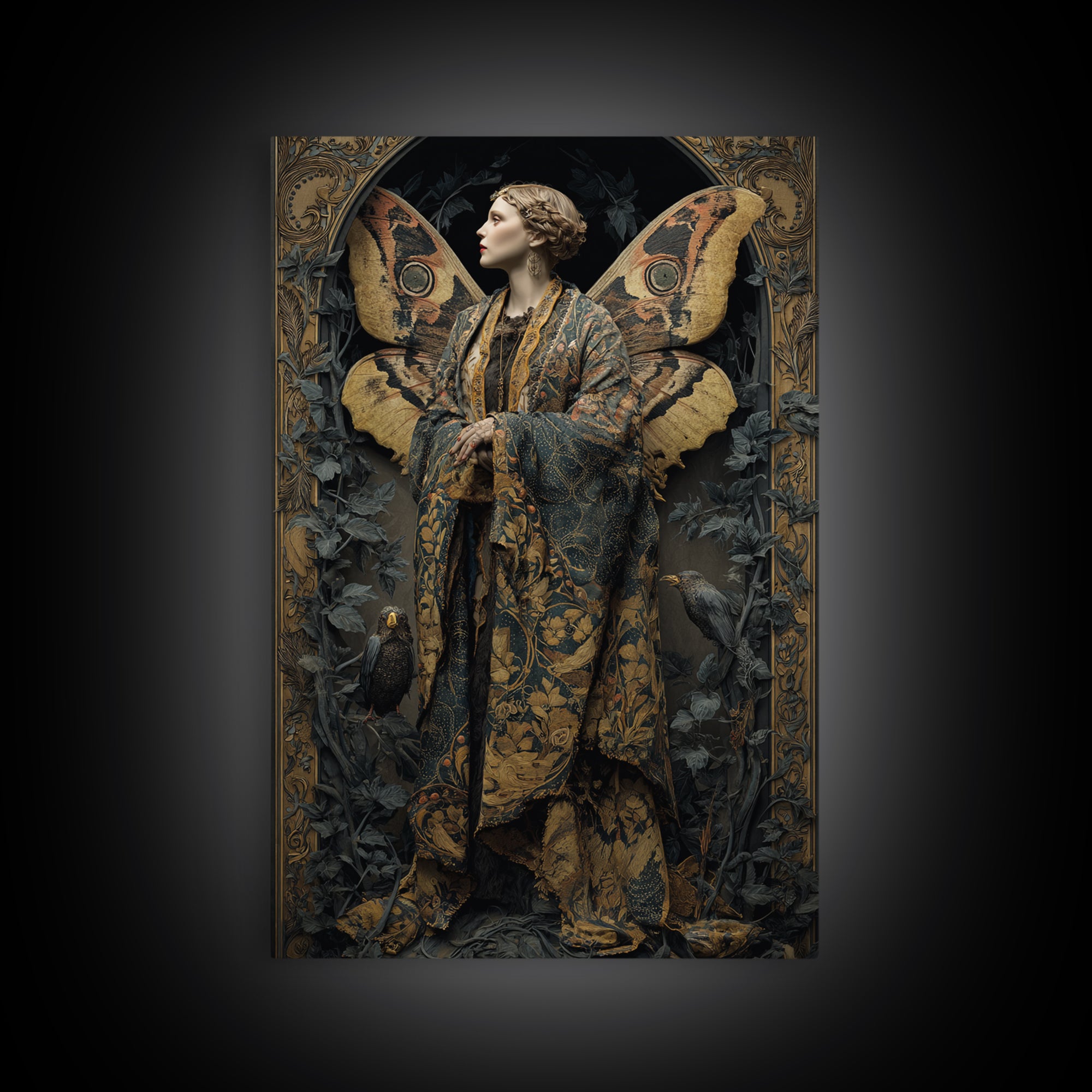 The Velvet Moth Witch, Ornate Symbolist Art, Vertical Wall Art, Gothic Horror Wall Art, Framed Canvas Print, Halloween Wall Art