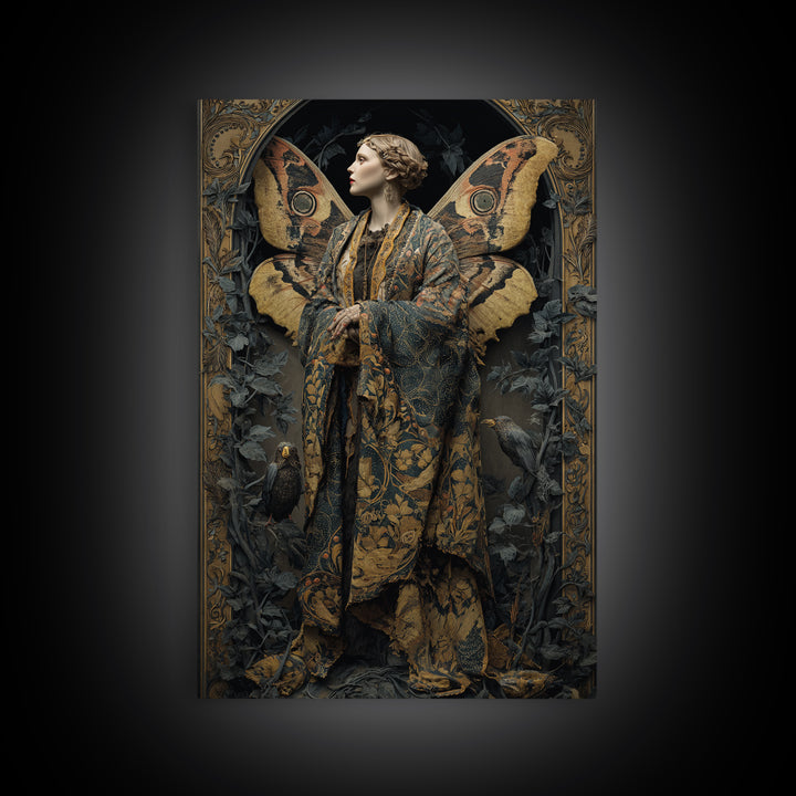 The Velvet Moth Witch, Ornate Symbolist Art, Vertical Wall Art, Gothic Horror Wall Art, Framed Canvas Print, Halloween Wall Art
