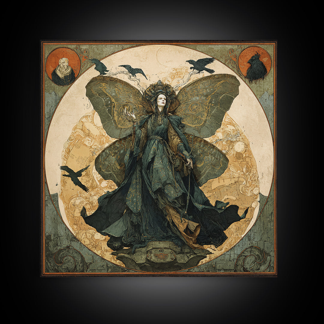The Velvet Moth Witch, Symbolist Etching Art, Square Wall Art, Gothic Horror Wall Art, Canvas Print, Halloween Wall Art