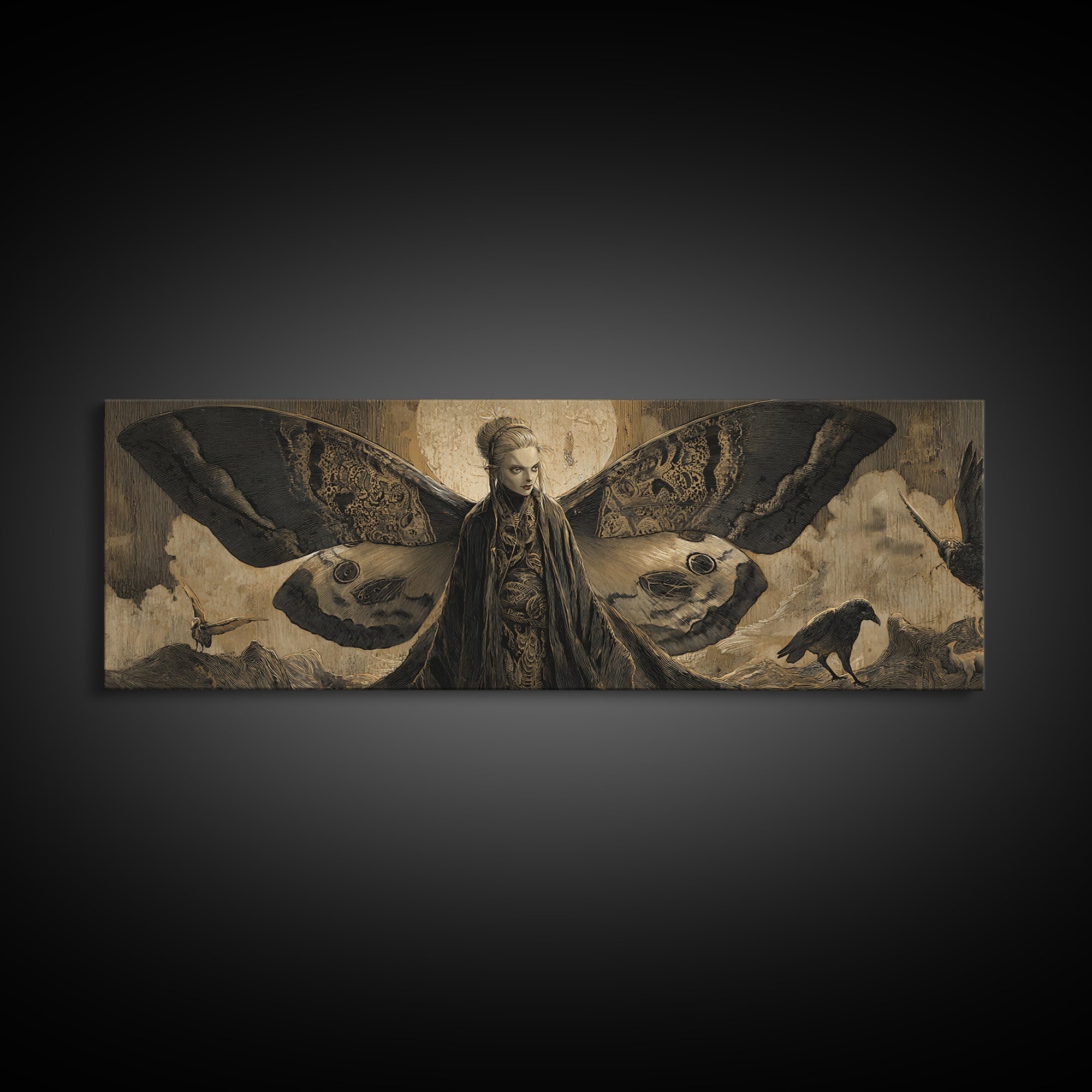 The Velvet Moth Witch, Expressionist Nightmare Art, Extra Wide Wall Art, Dark Fantasy Wall Art, Canvas Print, Halloween Wall Art