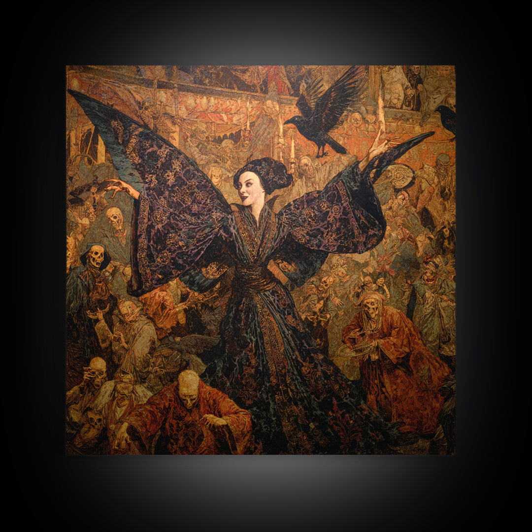 The Velvet Moth Witch, Grotesque Carnival Art, Square Wall Art, Dark Halloween Decor, Framed Canvas Print, Halloween Wall Art