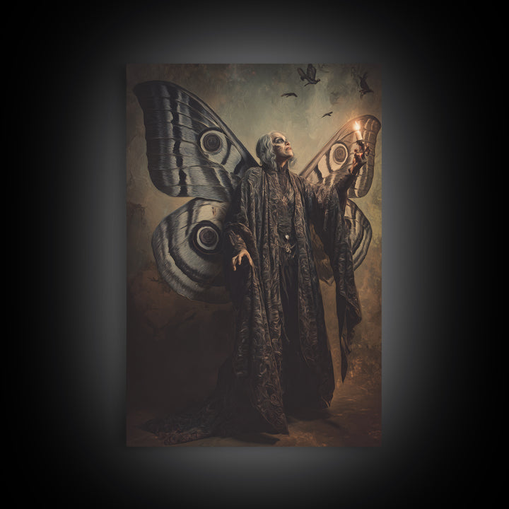 The Velvet Moth Witch, Expressionist Gothic Art, Vertical Wall Art, Dark Halloween Decor, Canvas Print, Halloween Wall Art
