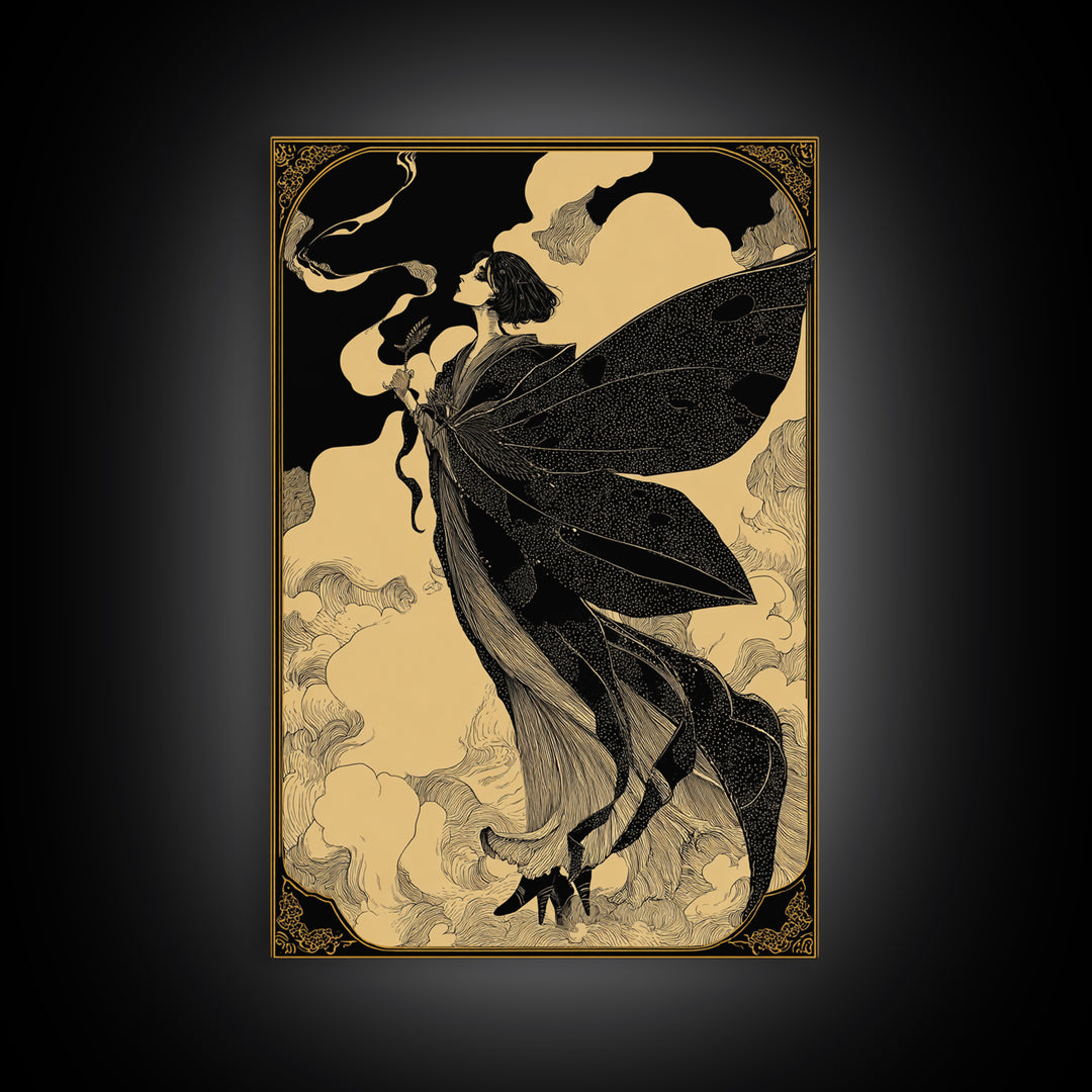 The Velvet Moth Witch, Decadent Line Art, Vertical Wall Art, Gothic Horror Wall Art, Canvas Print, Halloween Wall Art