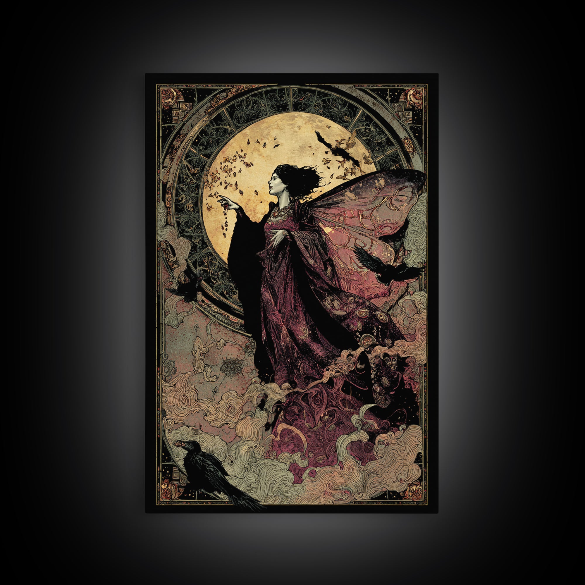The Velvet Moth Witch, Stained Glass Gothic Art, Vertical Wall Art, Dark Fantasy Wall Art, Canvas Print, Halloween Wall Art