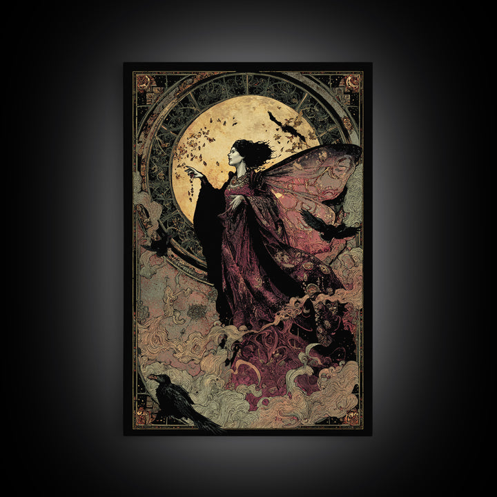The Velvet Moth Witch, Stained Glass Gothic Art, Vertical Wall Art, Dark Fantasy Wall Art, Canvas Print, Halloween Wall Art