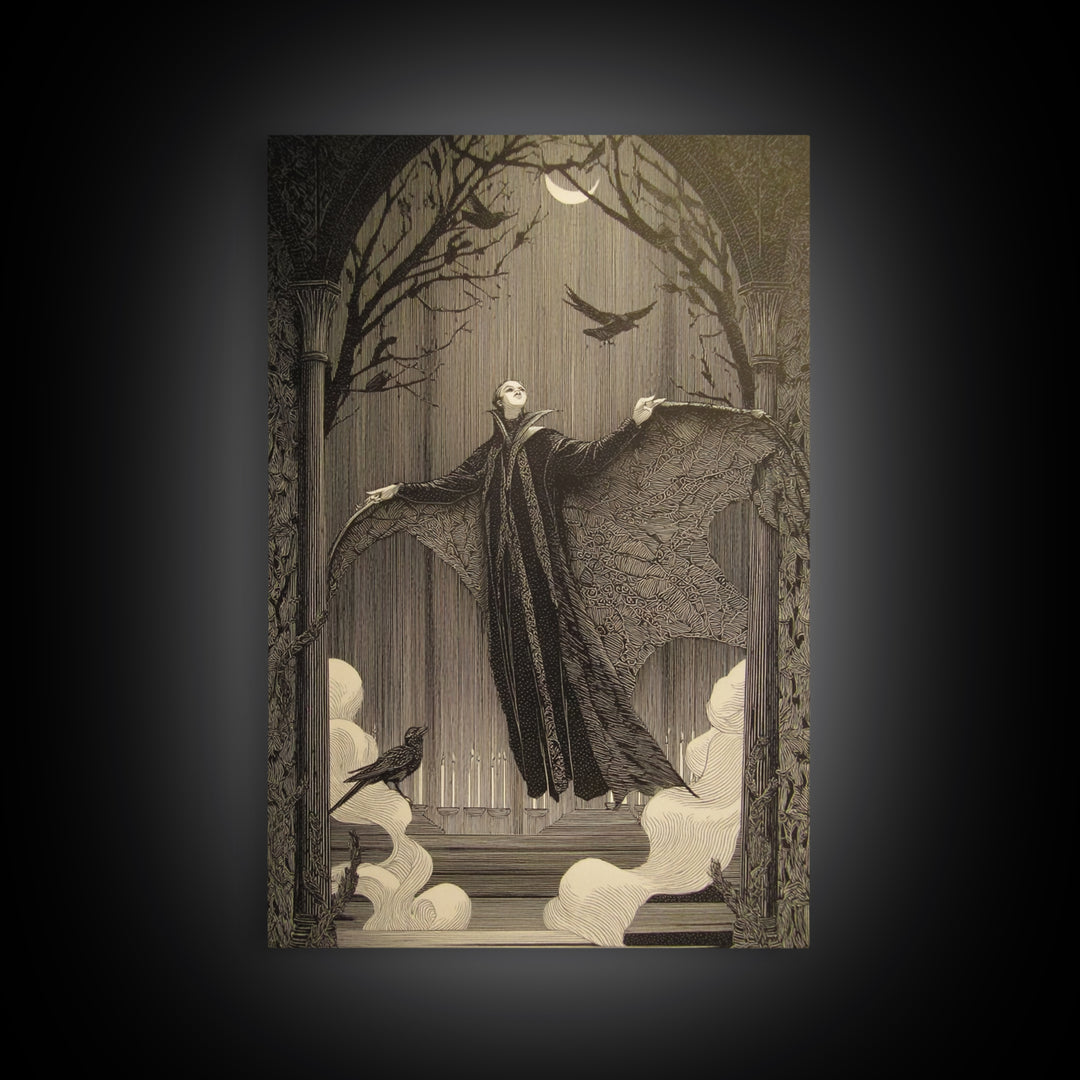 The Velvet Moth Witch, Victorian Macabre Art, Vertical Wall Art, Macabre Wall Art, Framed Canvas Print, Halloween Wall Art