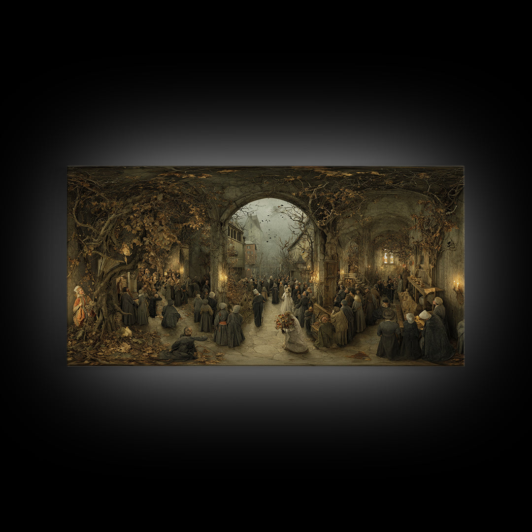 The Ghostly Groom, Northern Renaissance Horror, Wide Panoramic Art, Macabre Wall Art, Framed Canvas Print, Halloween Wall Art