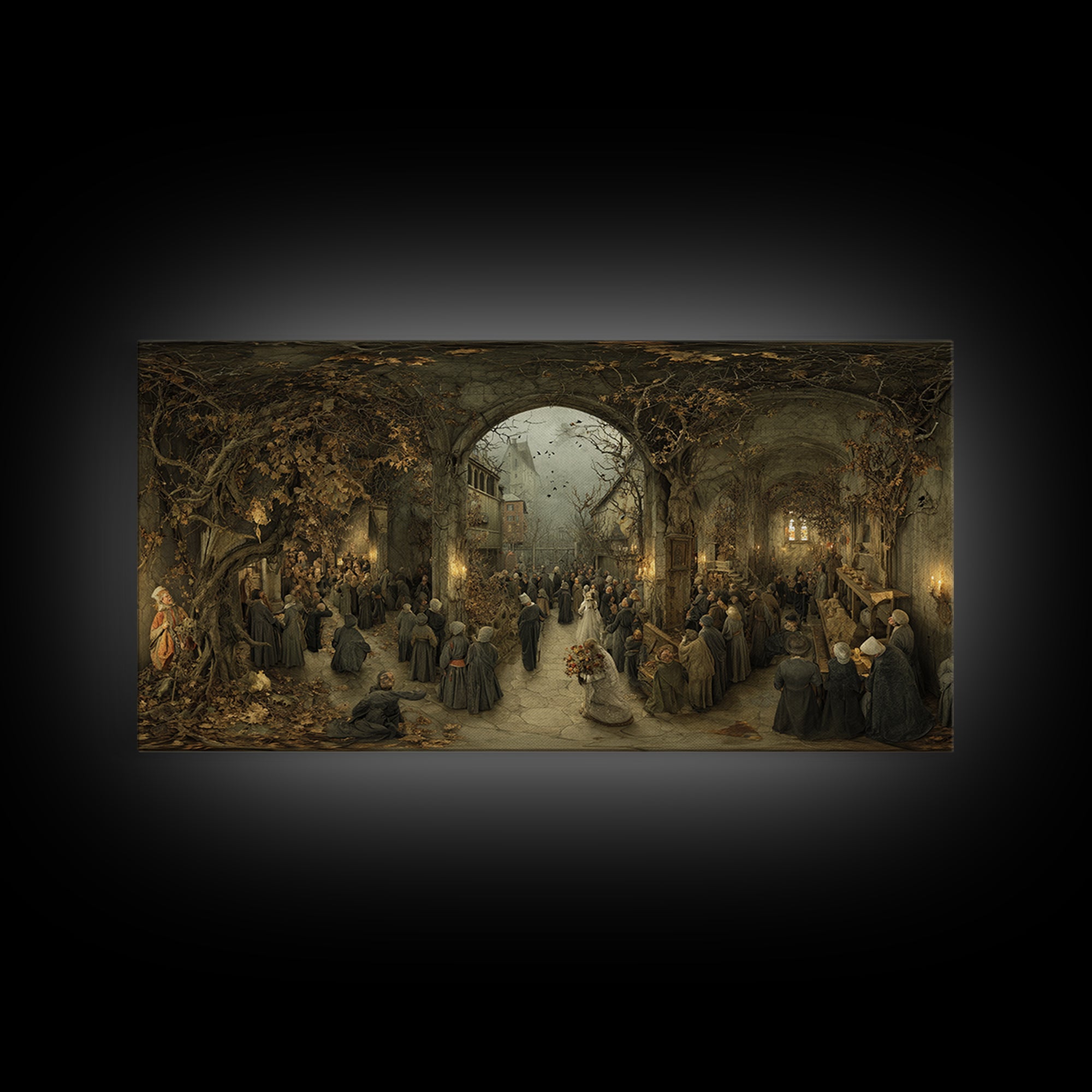 The Ghostly Groom, Northern Renaissance Horror, Wide Panoramic Art, Macabre Wall Art, Framed Canvas Print, Halloween Wall Art
