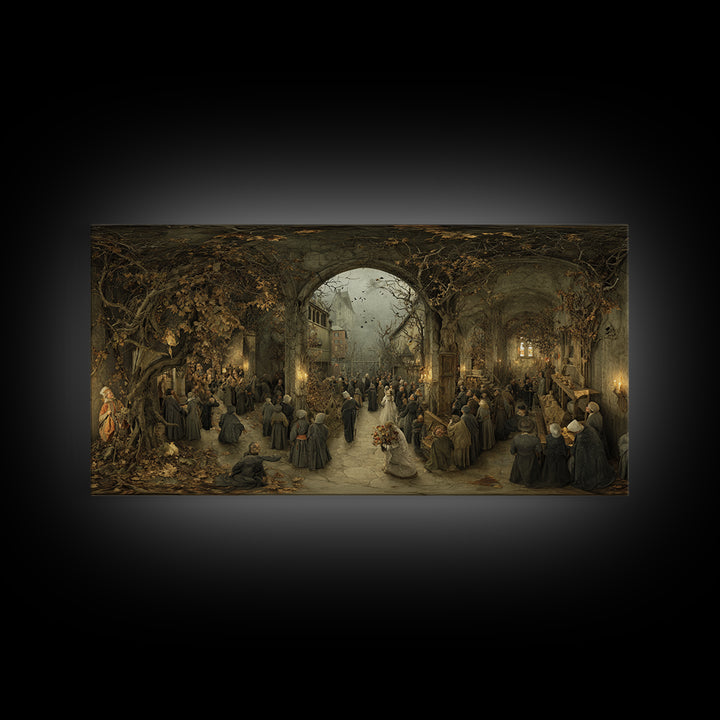 The Ghostly Groom, Northern Renaissance Horror, Wide Panoramic Art, Macabre Wall Art, Framed Canvas Print, Halloween Wall Art
