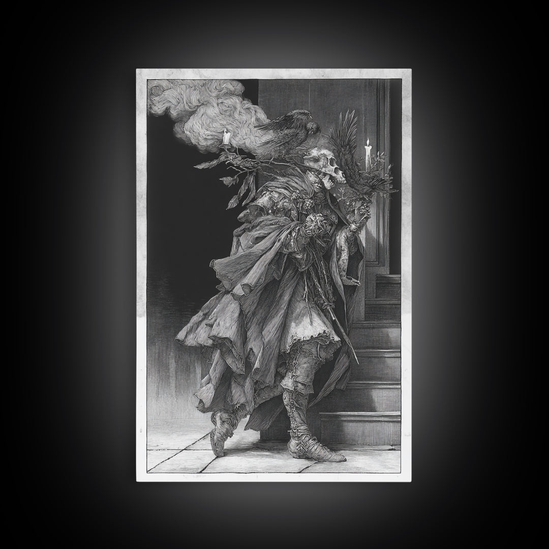 The Ghostly Groom, Renaissance Engraving Art, Vertical Wall Art, Dark Halloween Decor, Canvas Print, Halloween Wall Art
