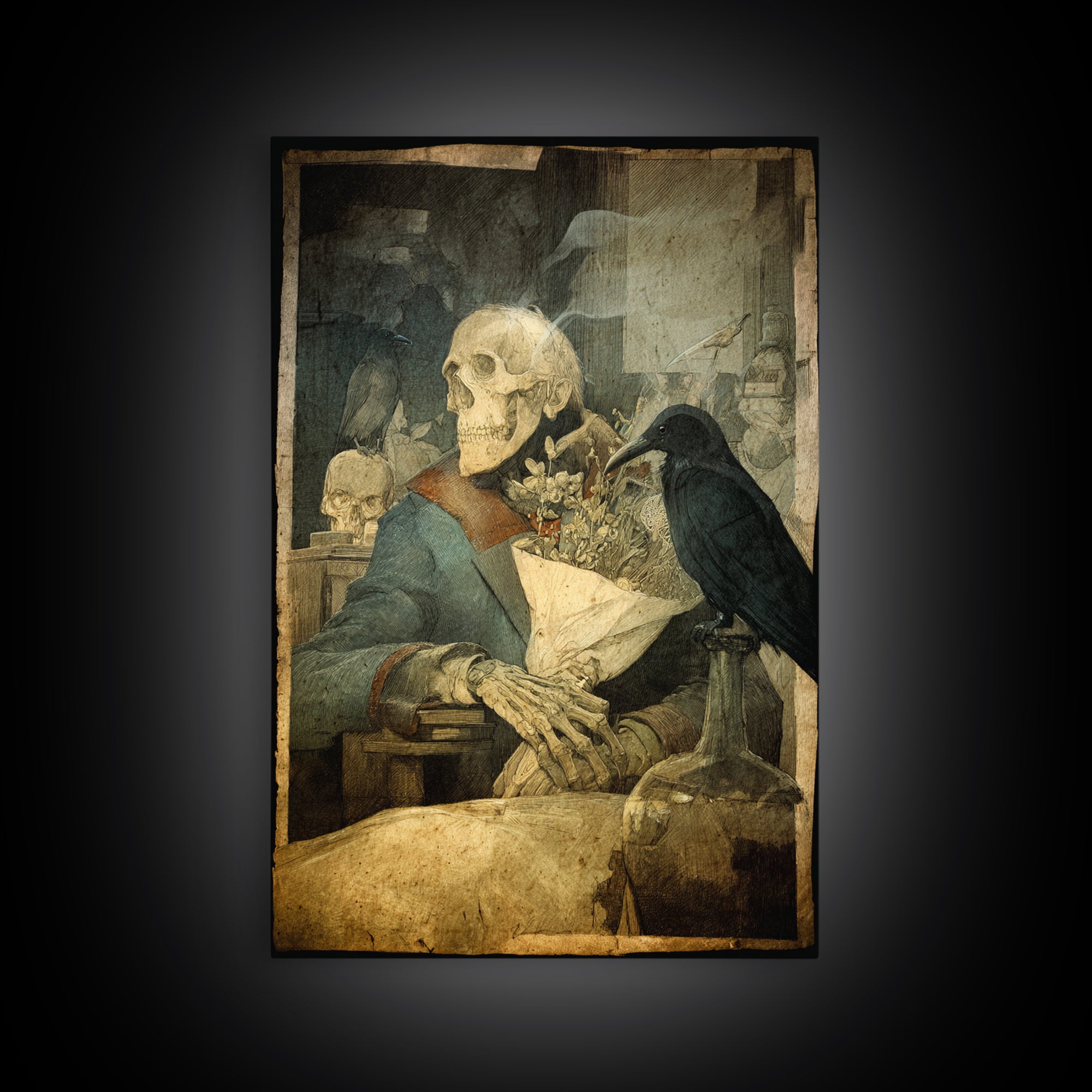 The Ghostly Groom, Symbolist Etching Art, Vertical Wall Art, Dark Fantasy Wall Art, Framed Canvas Print, Halloween Wall Art