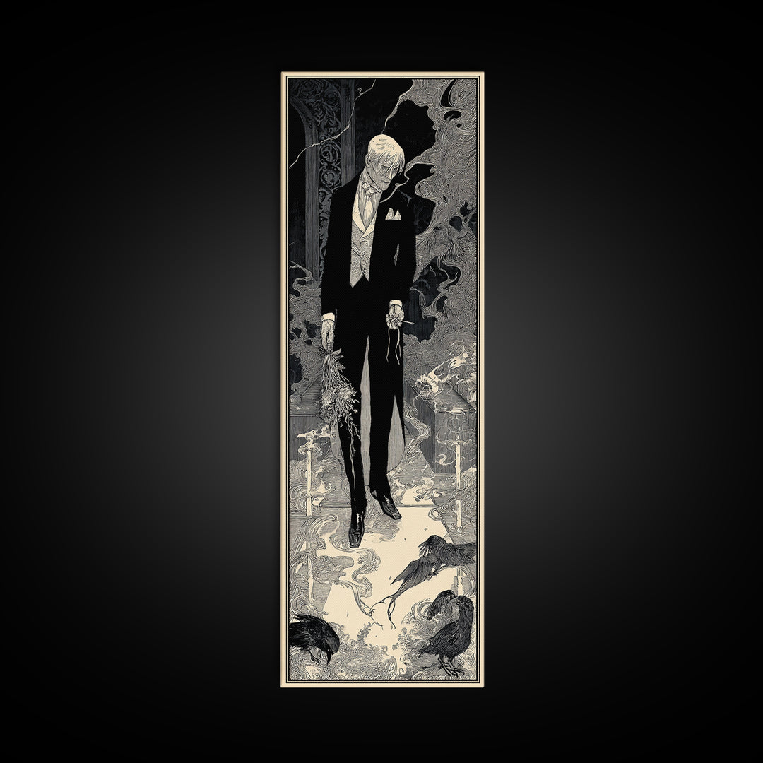 The Ghostly Groom, Decadent Line Art, Tall Narrow Wall Art, Dark Fantasy Wall Art, Framed Canvas Print, Halloween Wall Art