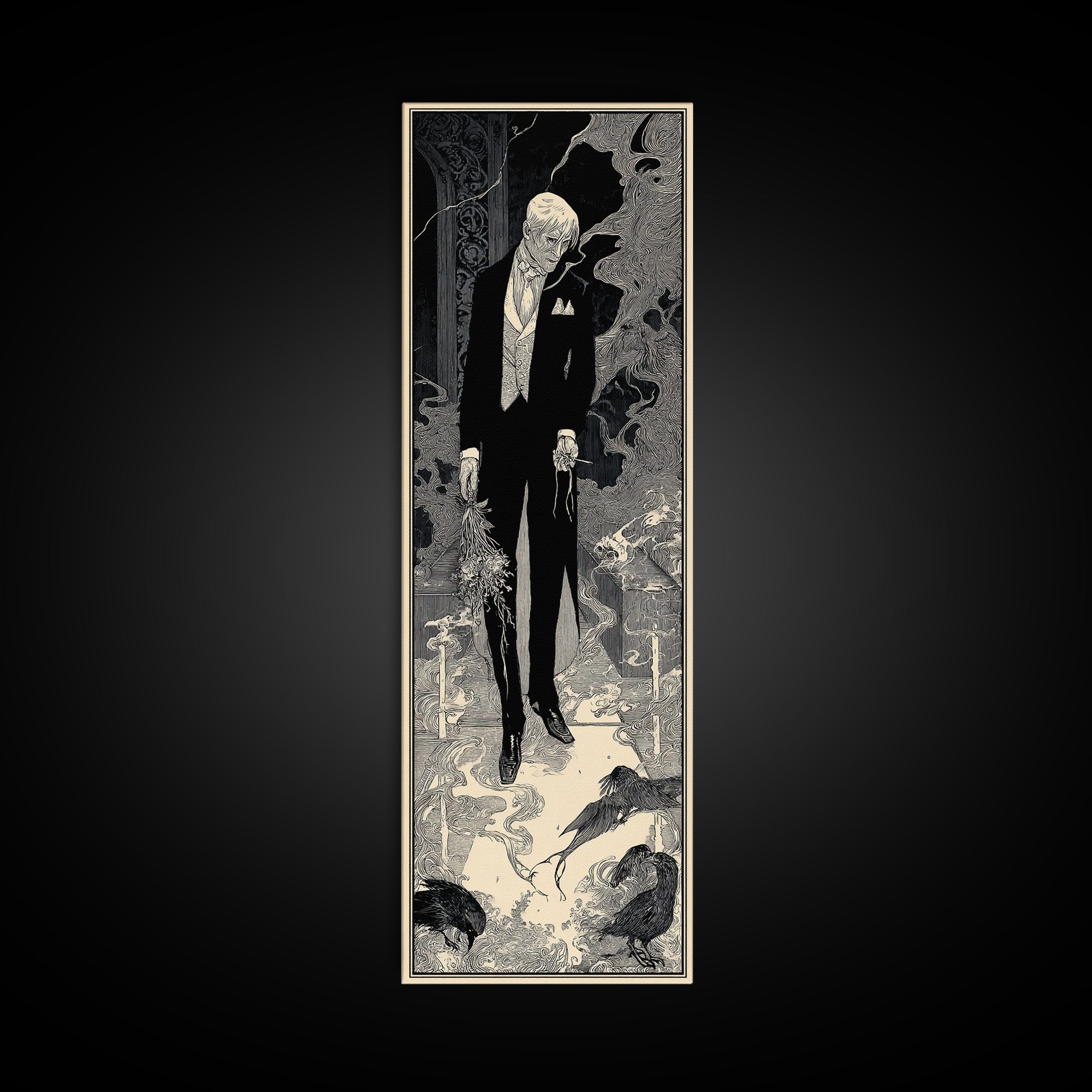 The Ghostly Groom, Decadent Line Art, Tall Narrow Wall Art, Dark Fantasy Wall Art, Framed Canvas Print, Halloween Wall Art