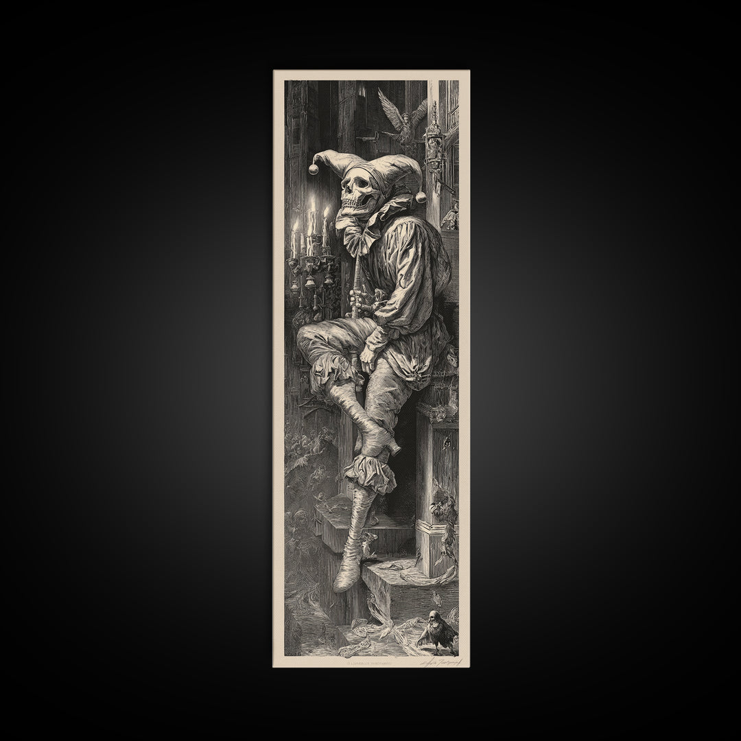 The Phantom Jester, Gothic Engraving Art, Tall Narrow Wall Art, Dark Fantasy Wall Art, Framed Canvas Print, Halloween Wall Art