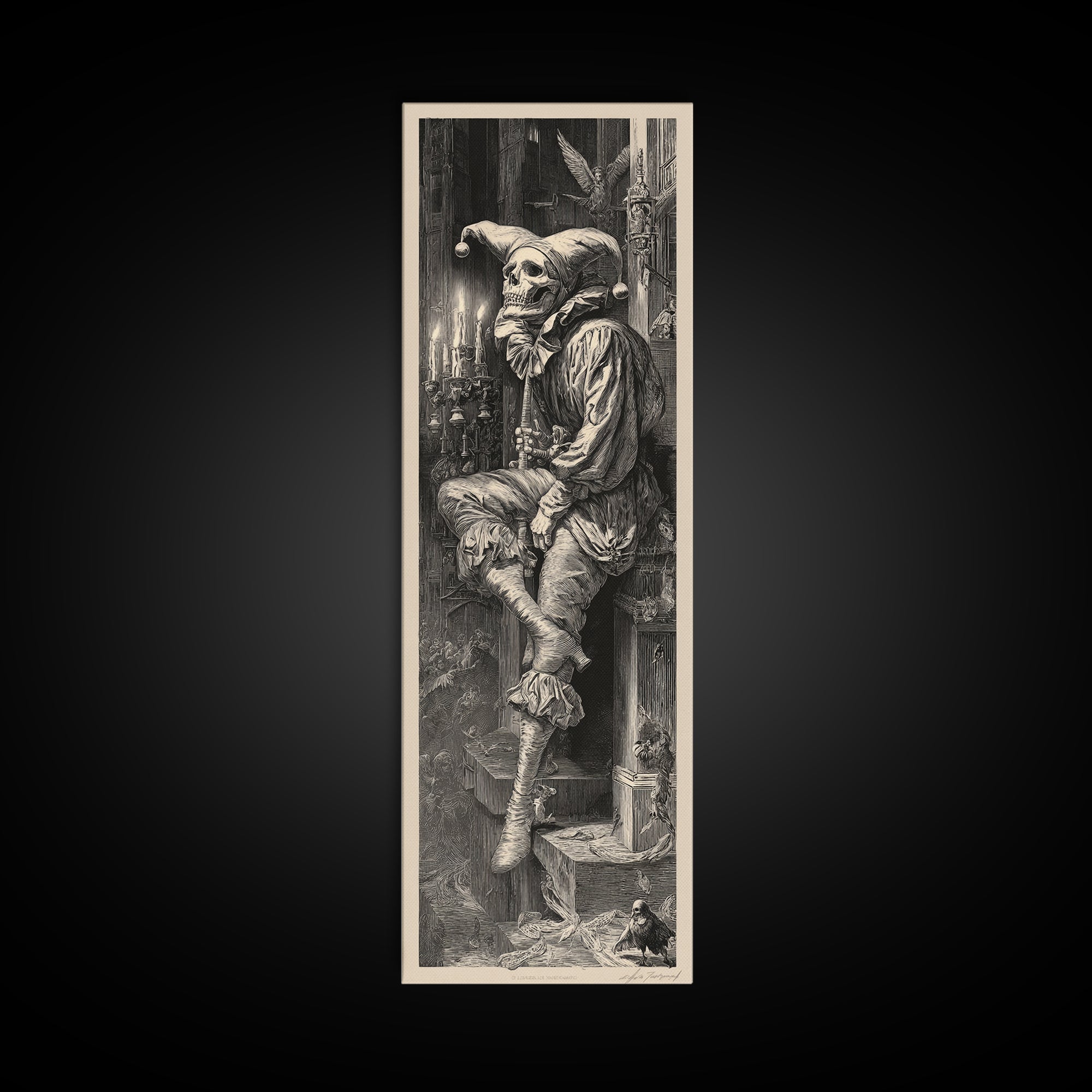 The Phantom Jester, Gothic Engraving Art, Tall Narrow Wall Art, Dark Fantasy Wall Art, Framed Canvas Print, Halloween Wall Art