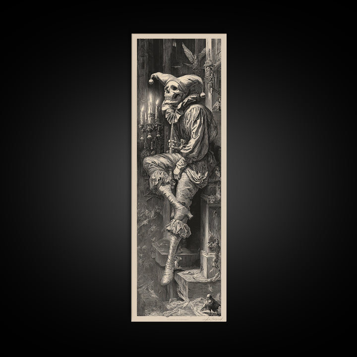 The Phantom Jester, Gothic Engraving Art, Tall Narrow Wall Art, Dark Fantasy Wall Art, Framed Canvas Print, Halloween Wall Art