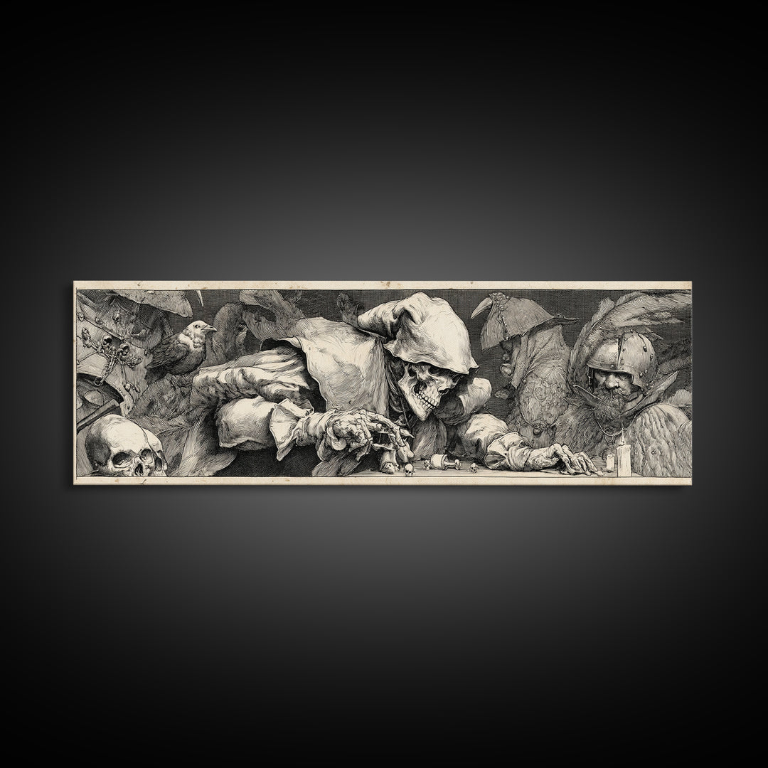 The Phantom Jester, Renaissance Engraving Art, Extra Wide Wall Art, Dark Halloween Decor, Canvas Print, Halloween Wall Art