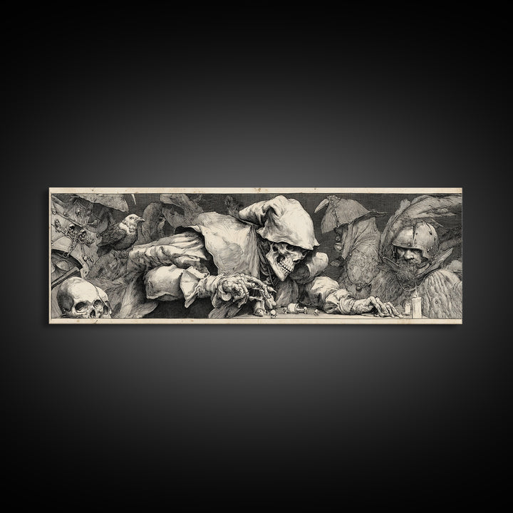 The Phantom Jester, Renaissance Engraving Art, Extra Wide Wall Art, Dark Halloween Decor, Canvas Print, Halloween Wall Art