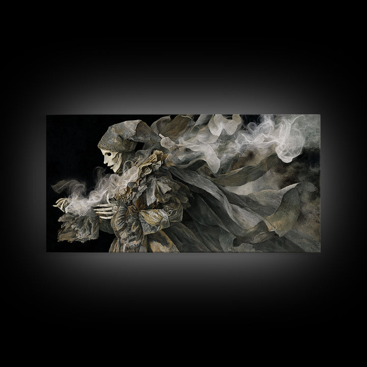 The Phantom Jester, Visionary Gothic Art, Wide Panoramic Art, Macabre Wall Art, Framed Canvas Print, Halloween Wall Art