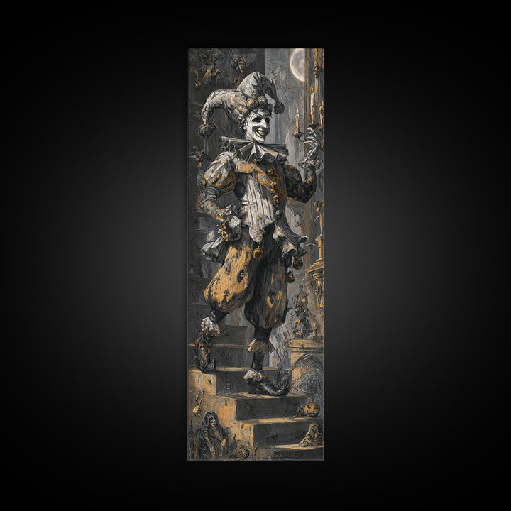 The Phantom Jester, Architectural Etching Art, Tall Narrow Wall Art, Gothic Horror Wall Art, Framed Canvas Print