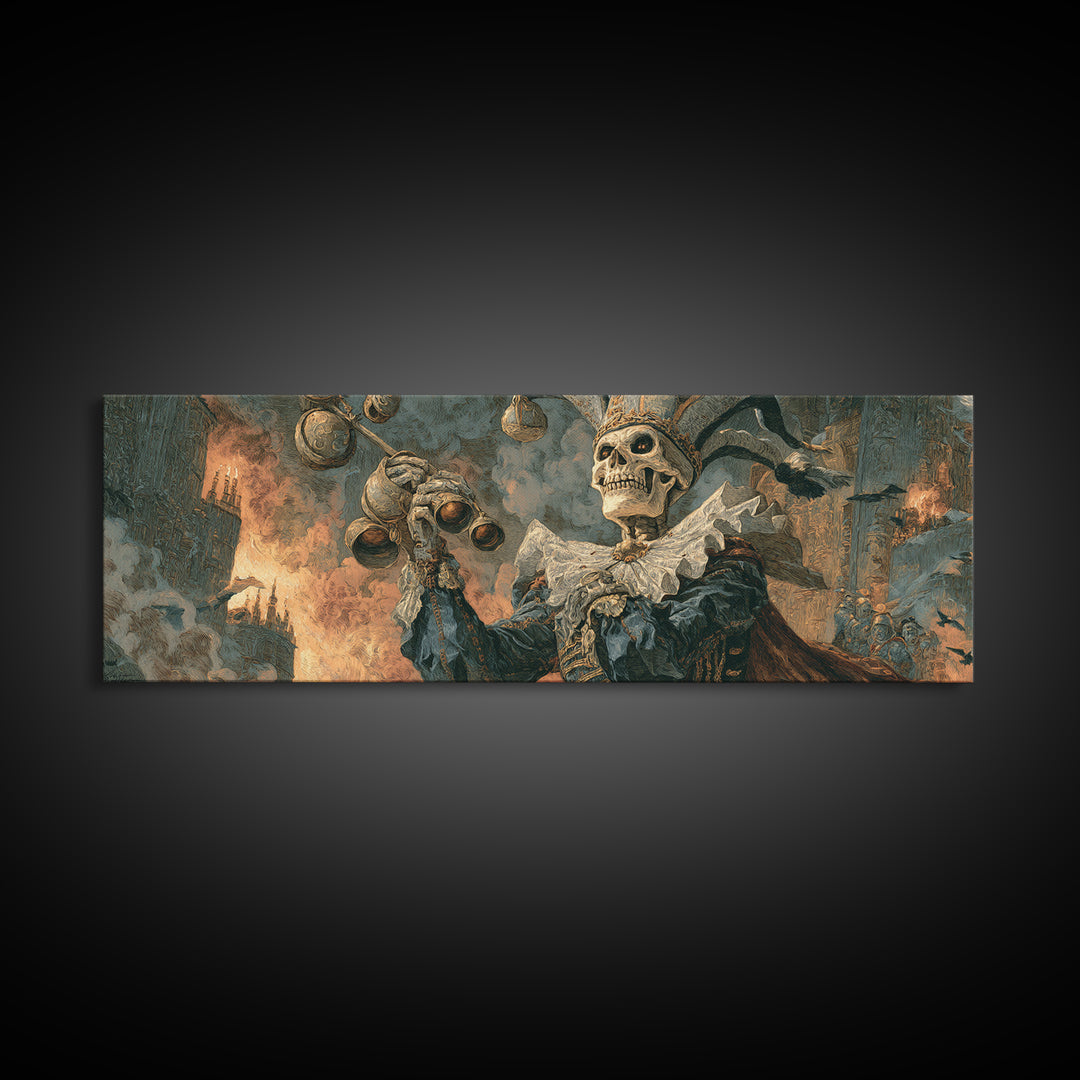 The Phantom Jester, Apocalyptic Romantic Art, Extra Wide Wall Art, Dark Fantasy Wall Art, Framed Canvas Print, Halloween Wall Art
