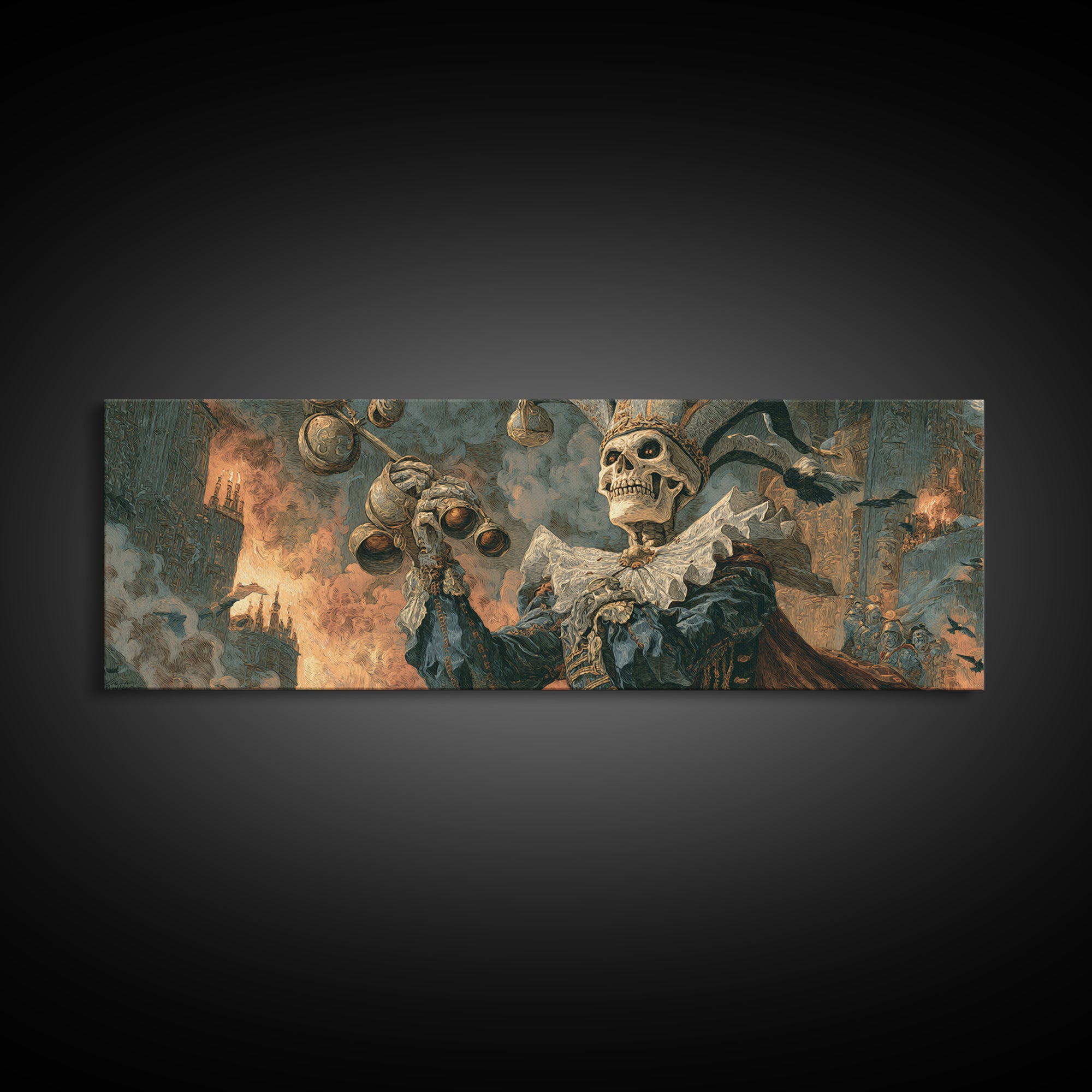 The Phantom Jester, Apocalyptic Romantic Art, Extra Wide Wall Art, Dark Fantasy Wall Art, Framed Canvas Print, Halloween Wall Art
