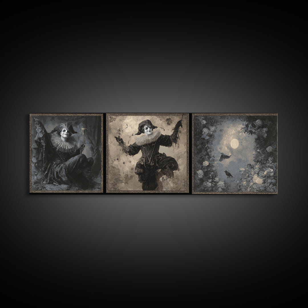 The Phantom Jester, Symbolist Dream Art, Extra Wide Wall Art, Macabre Wall Art, Framed Canvas Print, Halloween Wall Art