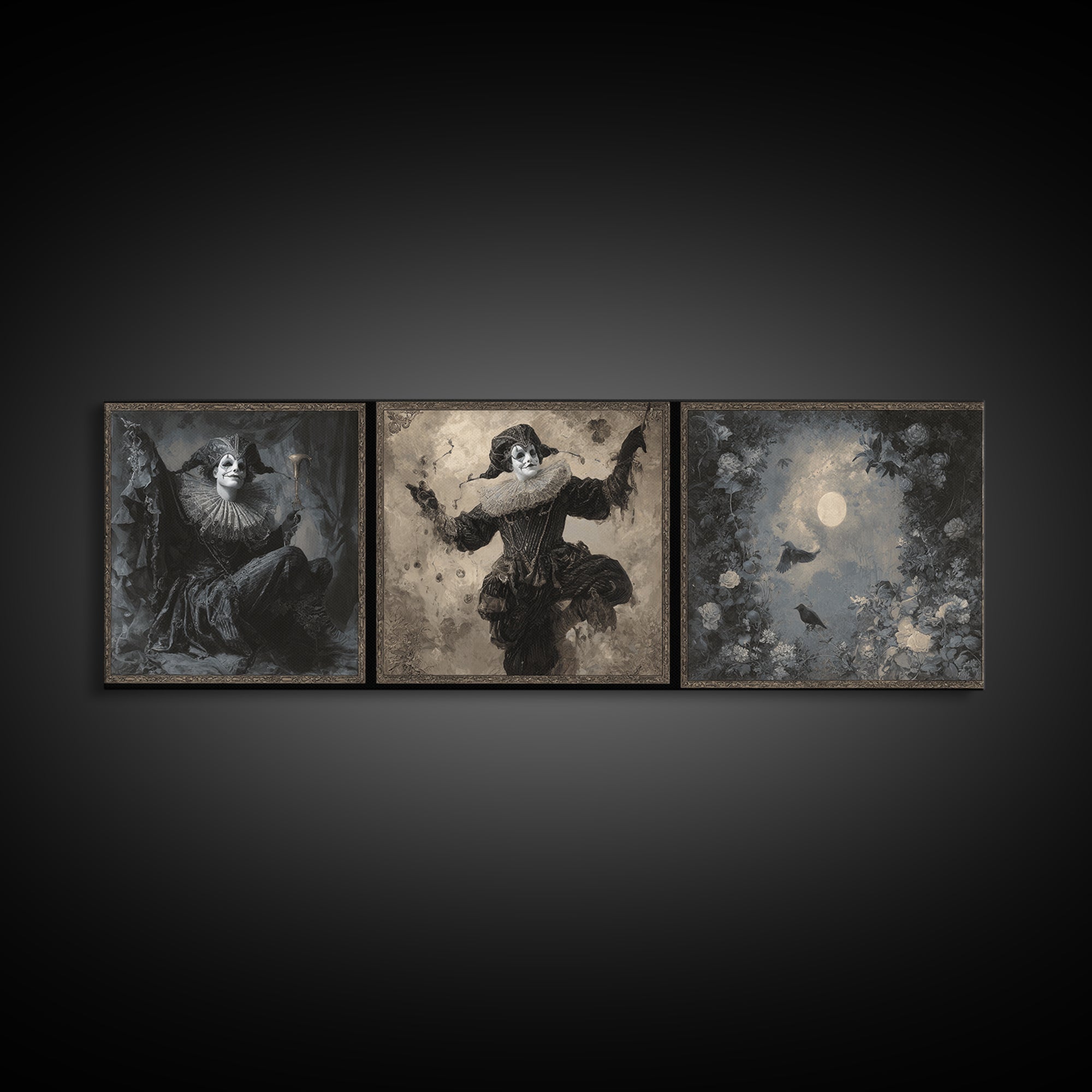 The Phantom Jester, Symbolist Dream Art, Extra Wide Wall Art, Macabre Wall Art, Framed Canvas Print, Halloween Wall Art