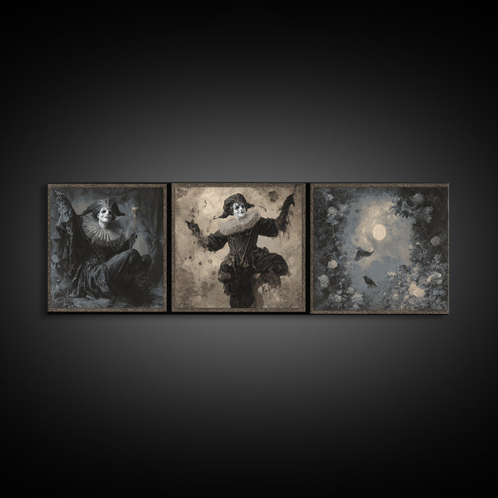 The Phantom Jester, Symbolist Dream Art, Extra Wide Wall Art, Macabre Wall Art, Framed Canvas Print, Halloween Wall Art