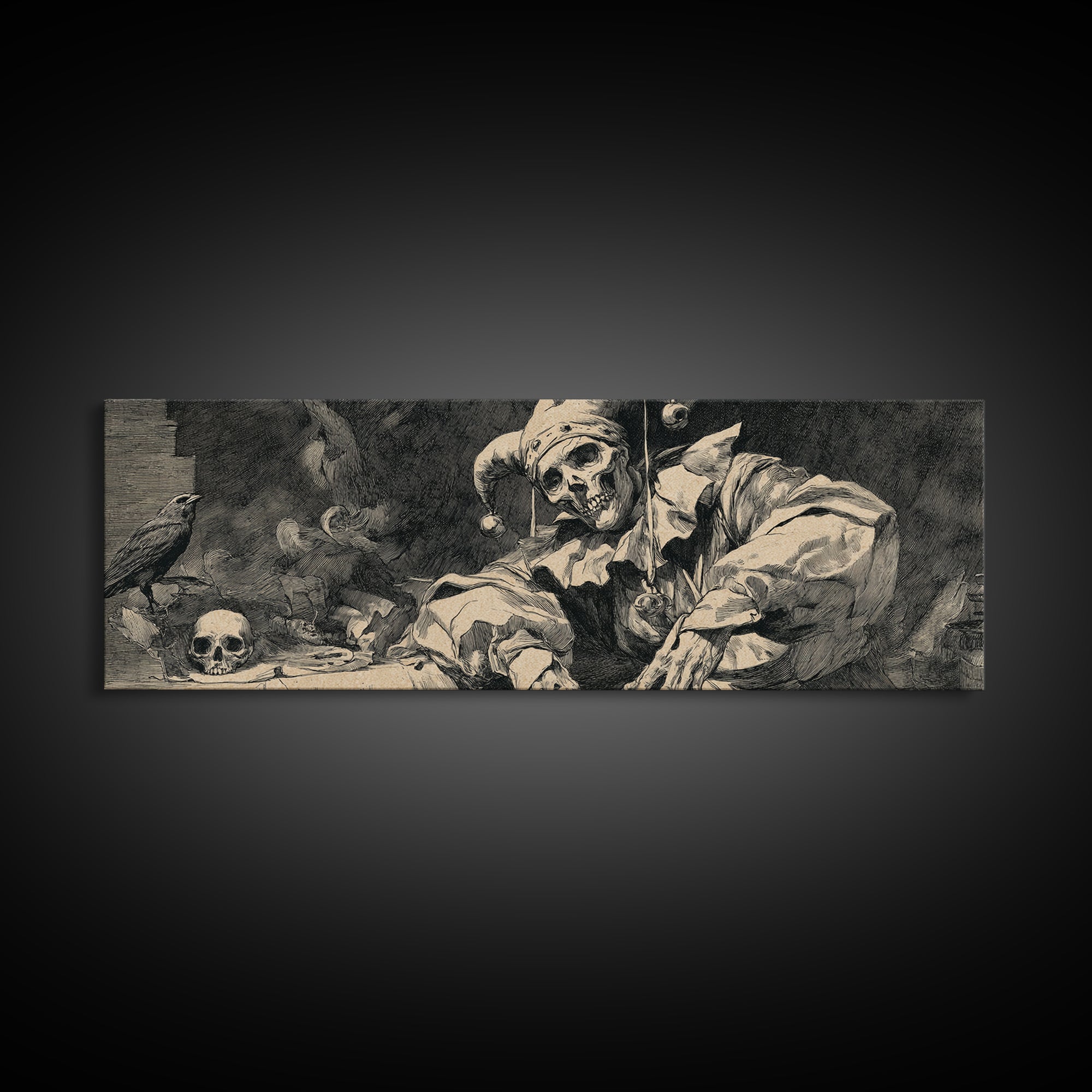 The Phantom Jester, Decadent Gothic Art, Extra Wide Wall Art, Dark Fantasy Wall Art, Framed Canvas Print, Halloween Wall Art