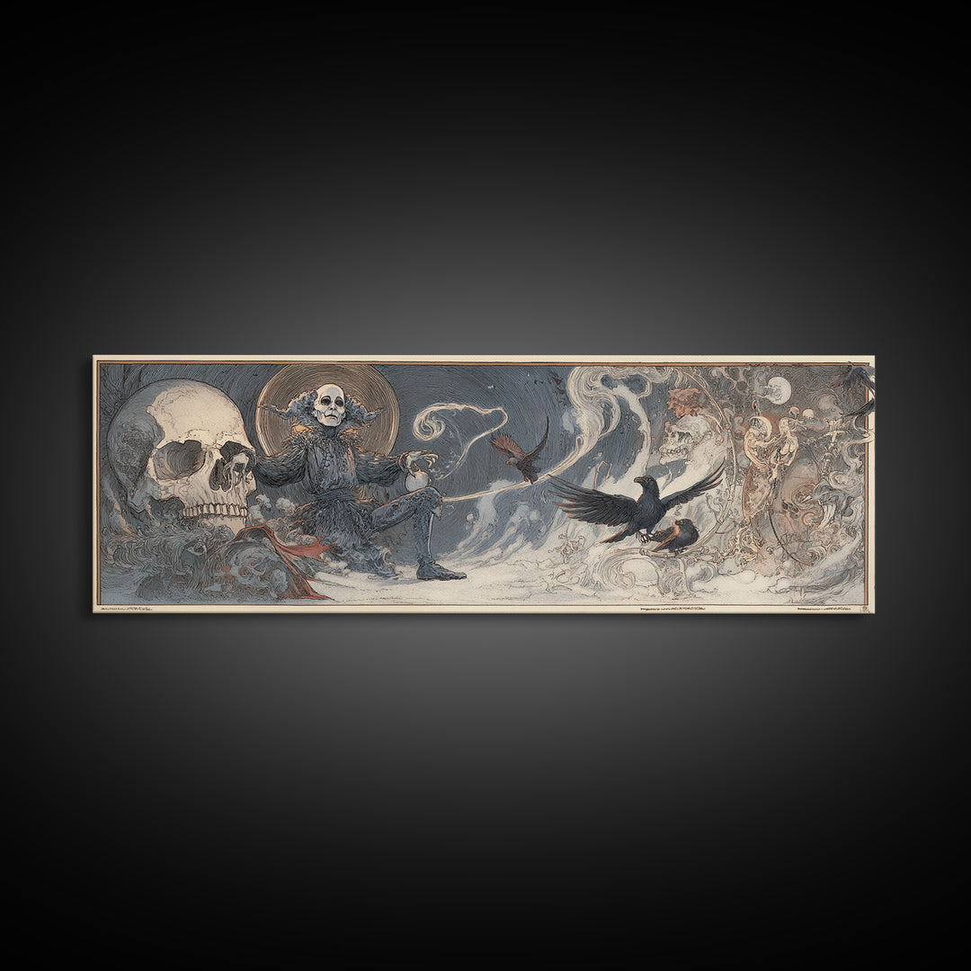 The Phantom Jester, Symbolist Death Art, Extra Wide Wall Art, Dark Fantasy Wall Art, Framed Canvas Print, Halloween Wall Art