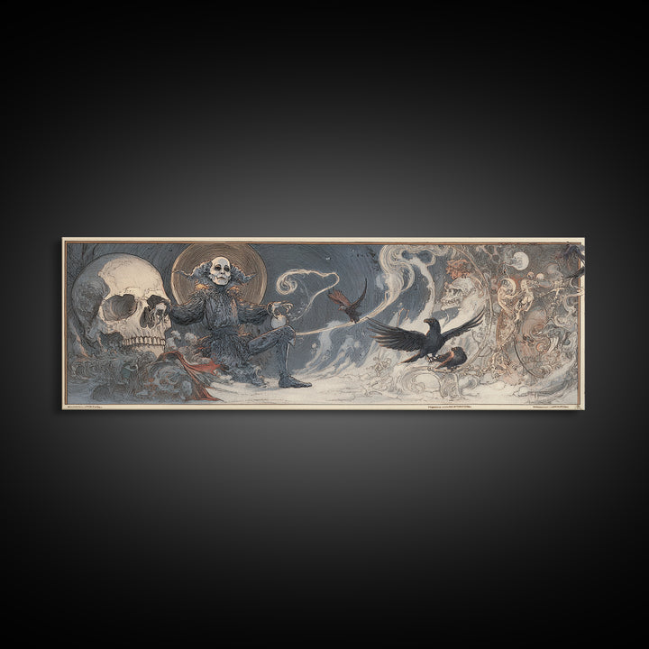 The Phantom Jester, Symbolist Death Art, Extra Wide Wall Art, Dark Fantasy Wall Art, Framed Canvas Print, Halloween Wall Art