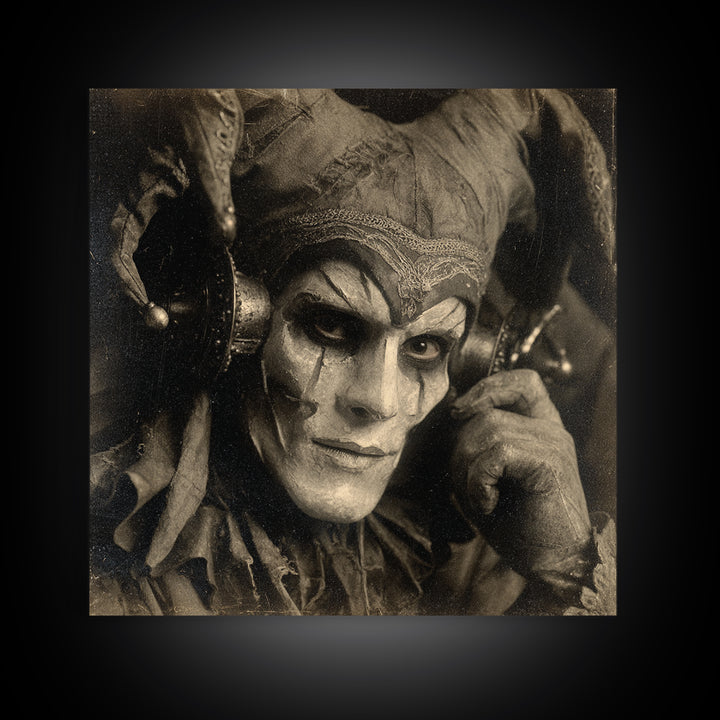 The Phantom Jester, Dark Symbolist Art, Square Wall Art, Gothic Horror Wall Art, Framed Canvas Print, Halloween Wall Art