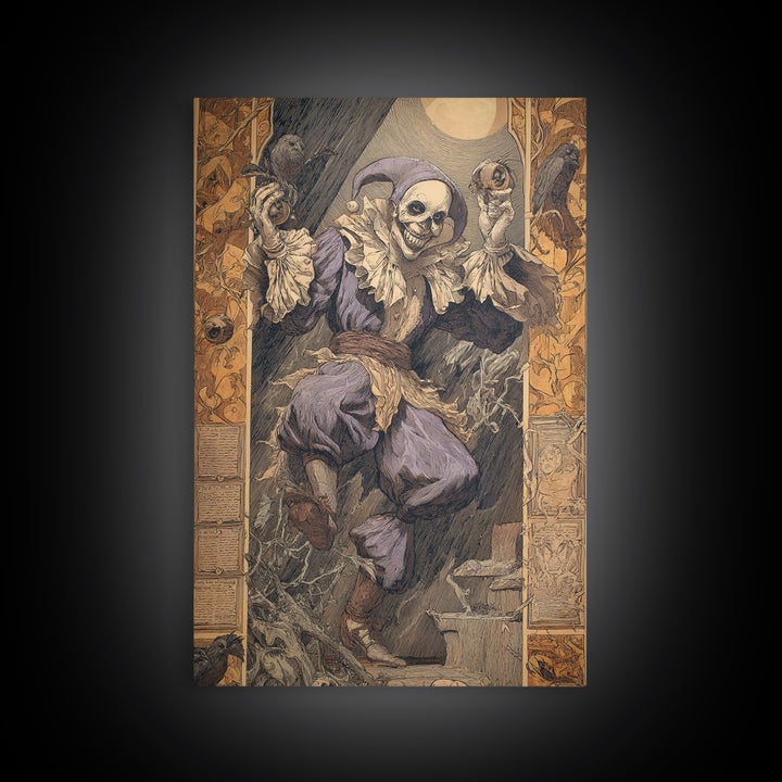 The Phantom Jester, Symbolist Etching Art, Vertical Wall Art, Dark Halloween Decor, Framed Canvas Print, Halloween Wall Art
