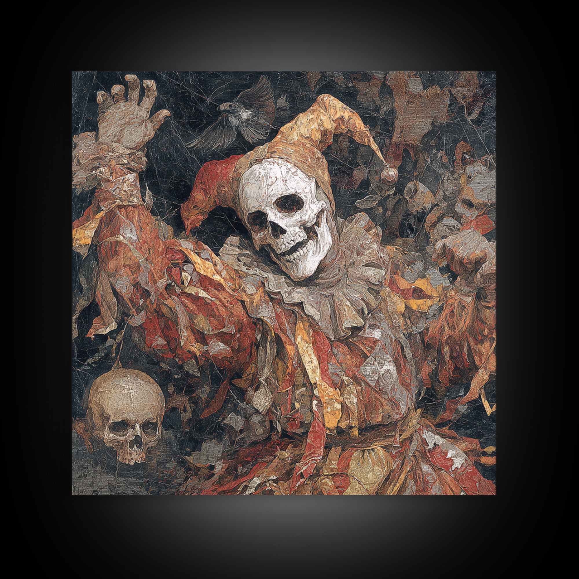 The Phantom Jester, Grotesque Carnival Art, Square Wall Art, Macabre Wall Art, Framed Canvas Print, Halloween Wall Art, Halloween Decor