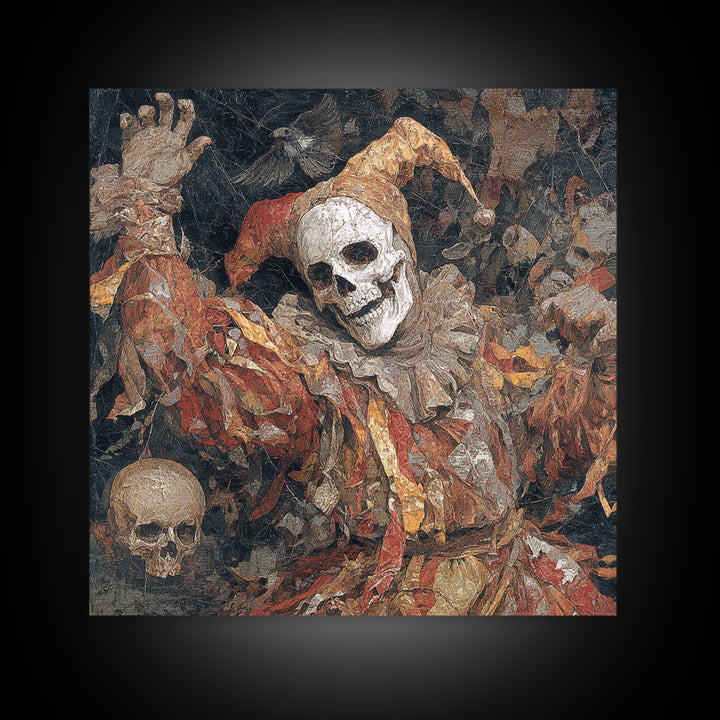 The Phantom Jester, Grotesque Carnival Art, Square Wall Art, Macabre Wall Art, Framed Canvas Print, Halloween Wall Art, Halloween Decor