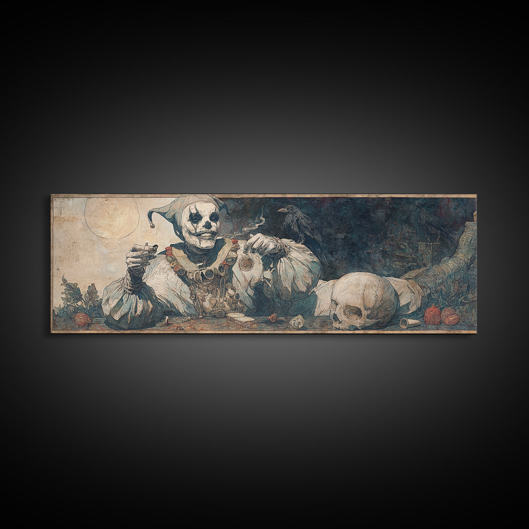 The Phantom Jester, Expressionist Gothic Art, Extra Wide Wall Art, Dark Fantasy Wall Art, Canvas Print, Halloween Wall Art, Halloween Decor