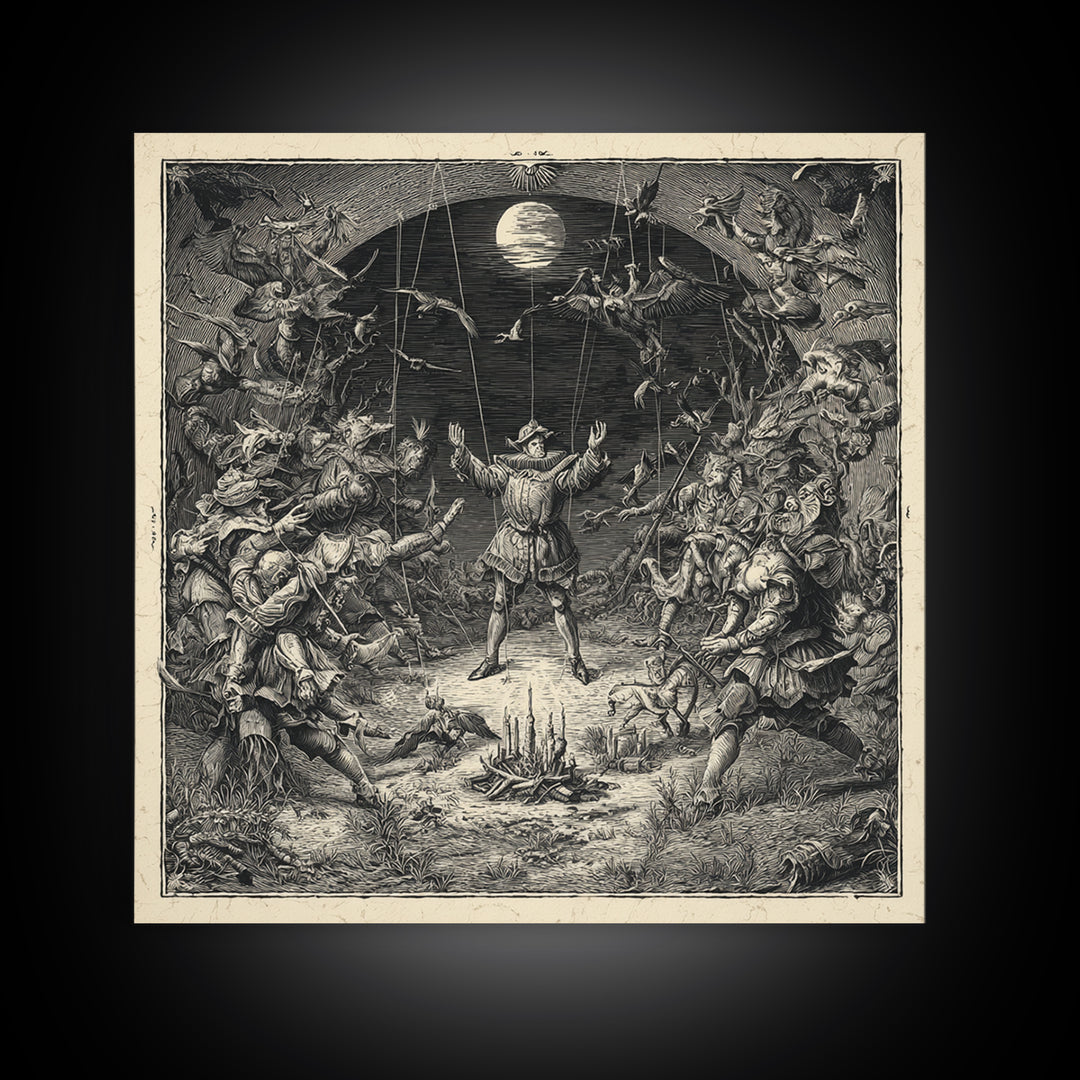 The Marionette Master, Renaissance Engraving Art, Square Wall Art, Dark Halloween Decor, Framed Canvas Print, Halloween Wall Art