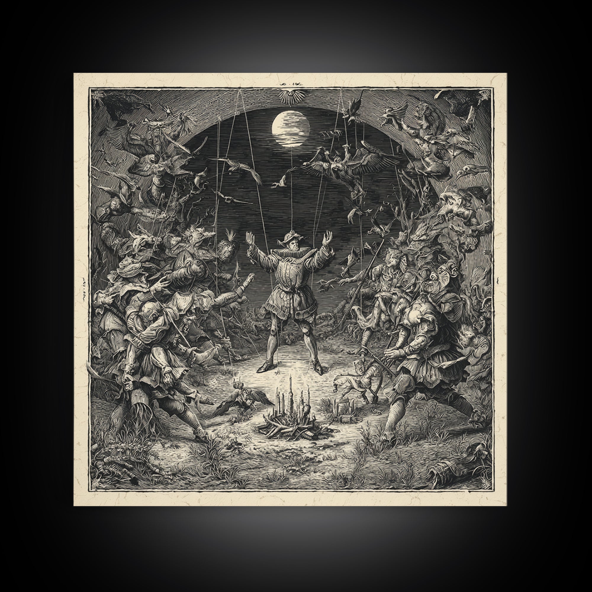 The Marionette Master, Renaissance Engraving Art, Square Wall Art, Dark Halloween Decor, Framed Canvas Print, Halloween Wall Art